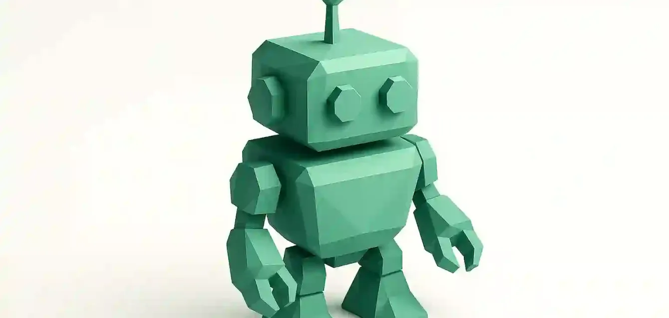 Low-Poly Robot - Custom AI Agents for Business Efficiency & ROI Low-poly green 3D robot symbolizing a custom AI agent for business, representing automated workflows, efficiency improvements, and increased ROI