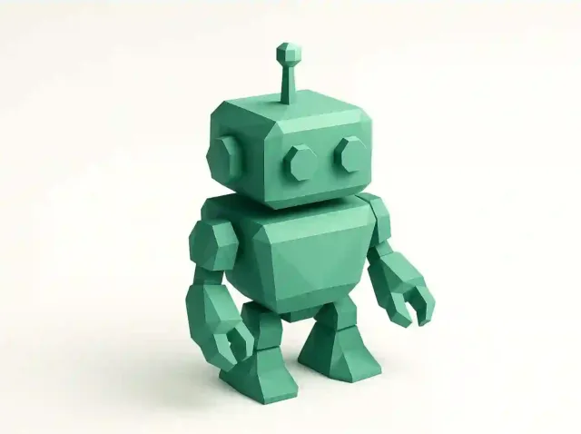 İşletmeler için özel bir yapay zeka aracısını simgeleyen, otomatikleştirilmiş iş akışlarını, verimlilik iyileştirmelerini ve artan yatırım getirisini temsil eden düşük poli yeşil 3D robot