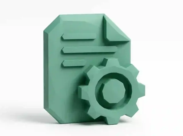 Belge otomasyon yazılımını, iş akışı otomasyonunu ve verimlilik kazanımlarını temsil eden, dişli çarklı bir belgenin 3D yeşil simgesi