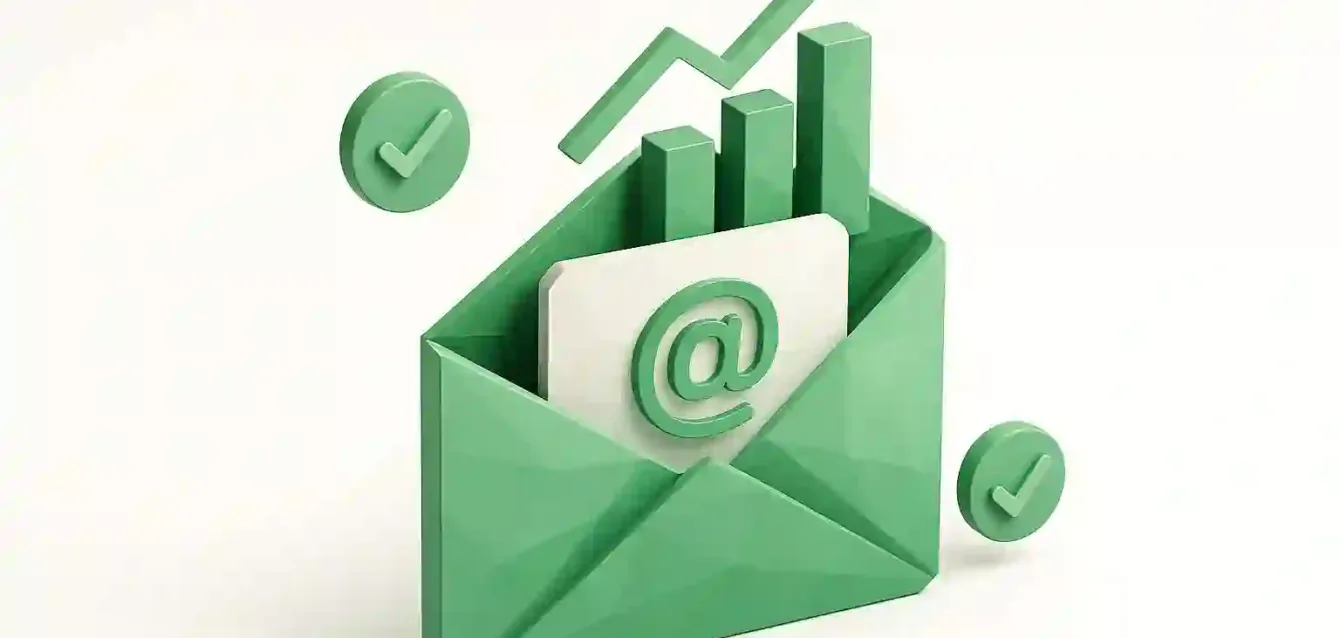 2025 Email Marketing Best Practices — Envelope with Analytics and Delivery Checkmarks Green 3D envelope with @ symbol, rising bar chart and upward arrow plus checkmarks — visual for 2025 email marketing growth and deliverability