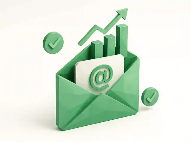 Green 3D envelope with @ symbol, rising bar chart and upward arrow plus checkmarks — visual for 2025 email marketing growth and deliverability