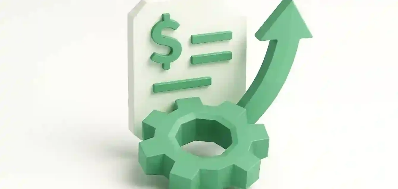 Finance Automation Software — Gear and Upward Arrow Symbolizing Improved Efficiency & Accuracy 3D teal gear, upward arrow and document with dollar symbol representing finance automation software improving efficiency and accuracy