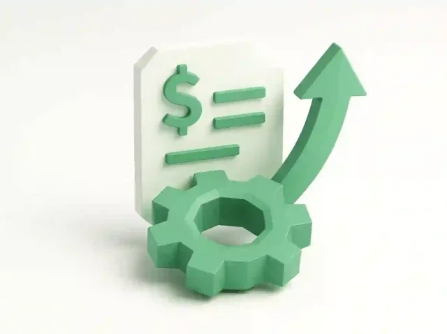 3D deniz mavisi dişli, yukarı doğru ok ve verimliliği ve doğruluğu artıran finans otomasyon yazılımını temsil eden dolar sembollü belge