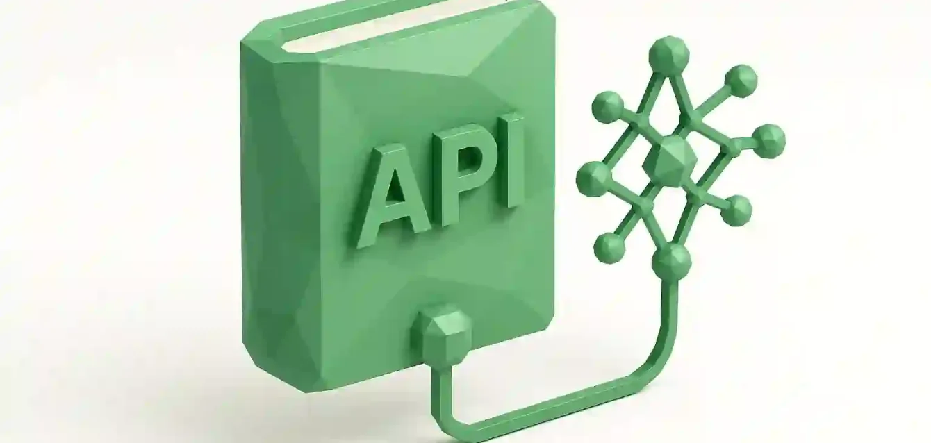 LLM API Integration Icon — Free Guide for Business Leaders Green 3D icon of a box labeled 'API' connected to a neural-network style node graph, representing LLM API integration and connectivity for business leaders.