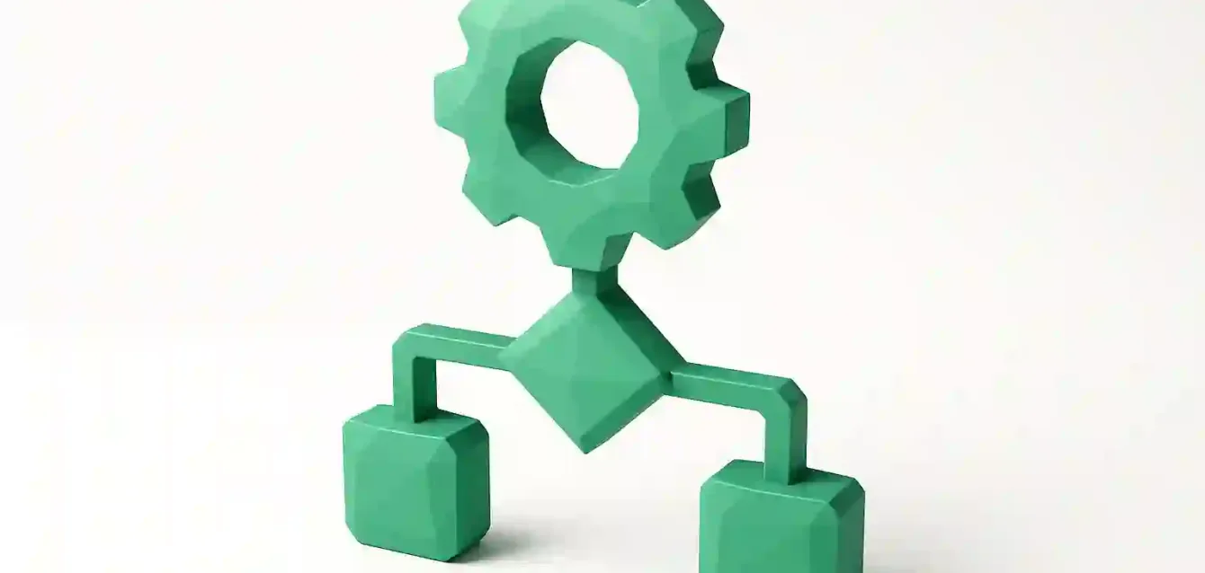 Low-Code Automation Workflow Icon for Free Platforms & Upgrade Guide 3D green gear connected to two nodes, symbolizing a low-code automation workflow for free automation platforms and upgrade guide