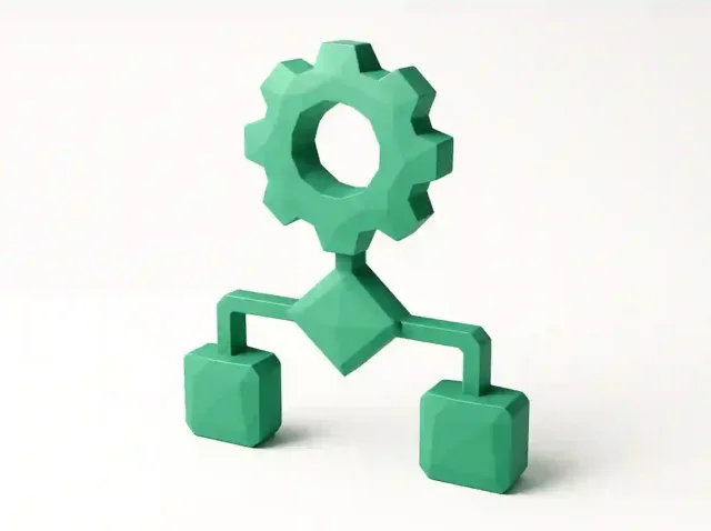 3D green gear connected to two nodes, symbolizing a low-code automation workflow for free automation platforms and upgrade guide