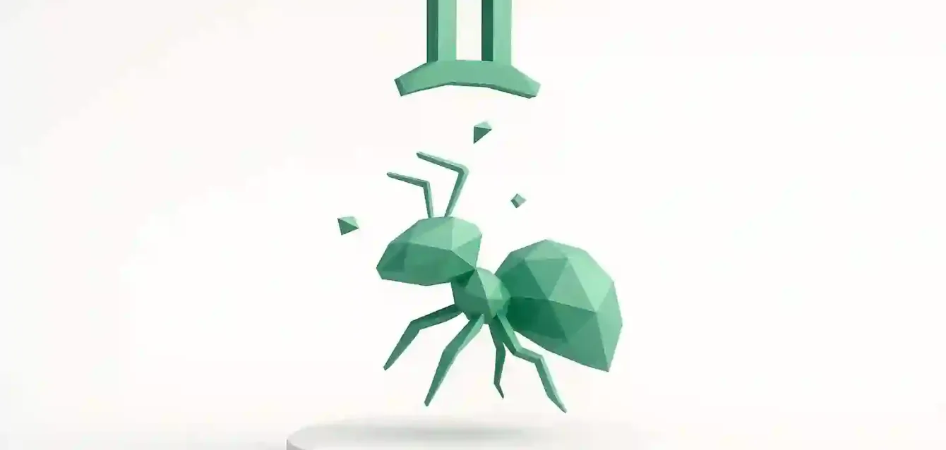 Gemini Antigravity — Google Gemini 3 Floating Low-Poly Ant Low-poly green ant levitating above a white pedestal under a Gemini symbol, conceptual artwork illustrating Google Gemini 3 antigravity features