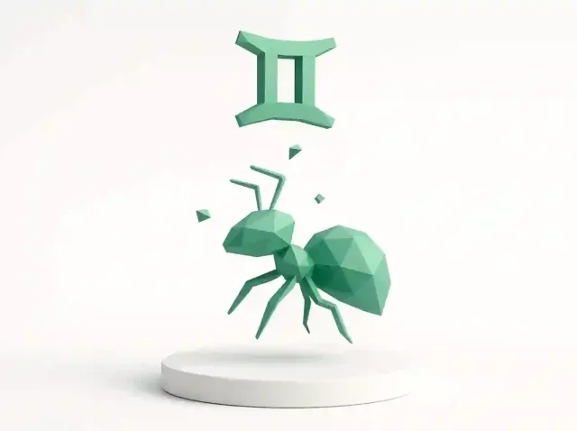 Low-poly green ant levitating above a white pedestal under a Gemini symbol, conceptual artwork illustrating Google Gemini 3 antigravity features