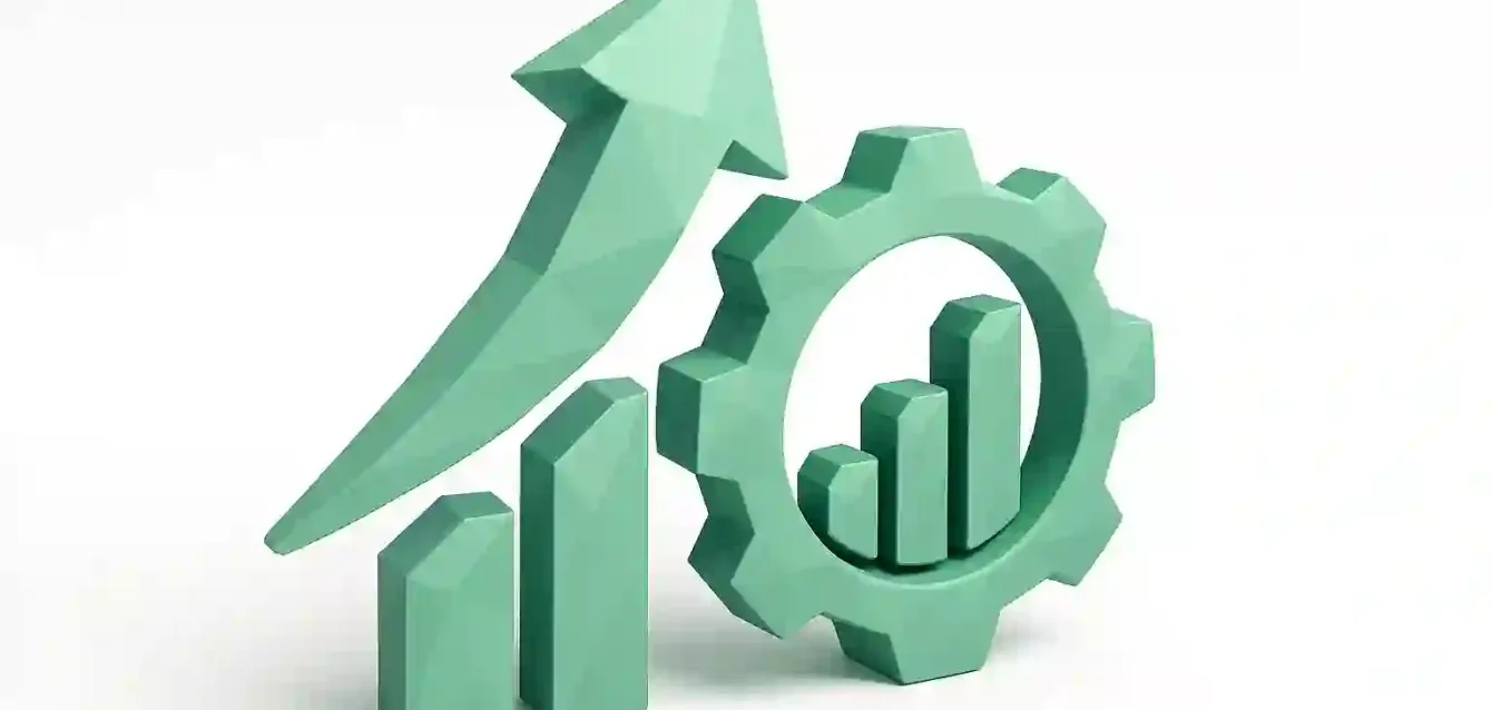 AI Automation Driving Business Growth with Gear and Growth Chart 3D mint-green arrow, bar chart and gear icon representing AI automation, business analytics and growth