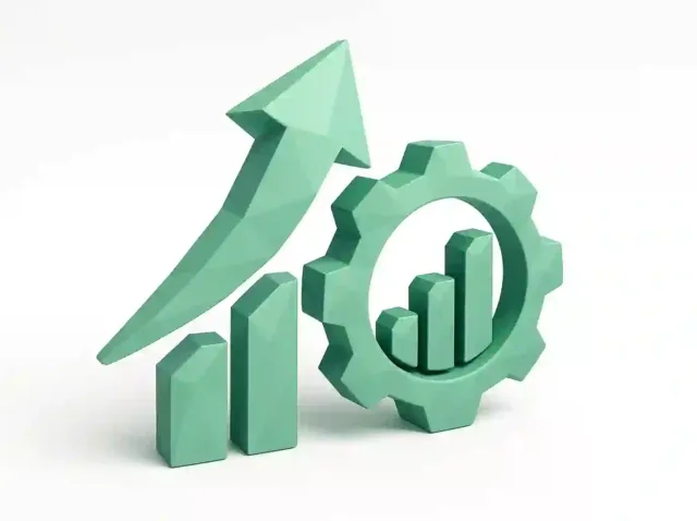 3D mint-green arrow, bar chart and gear icon representing AI automation, business analytics and growth