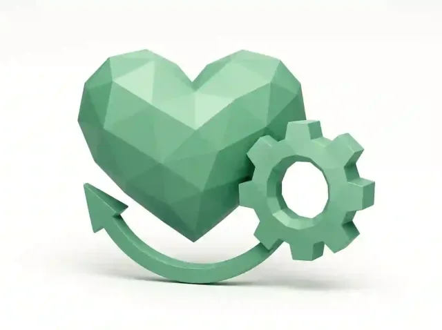 Dişli ve dairesel okla eşleştirilmiş yeşil düşük poli kalp simgesi, sağlık hizmetleri otomasyonunu, gelişmiş verimliliği, daha düşük maliyetleri ve daha az klinisyen tükenmişliğini simgeliyor.