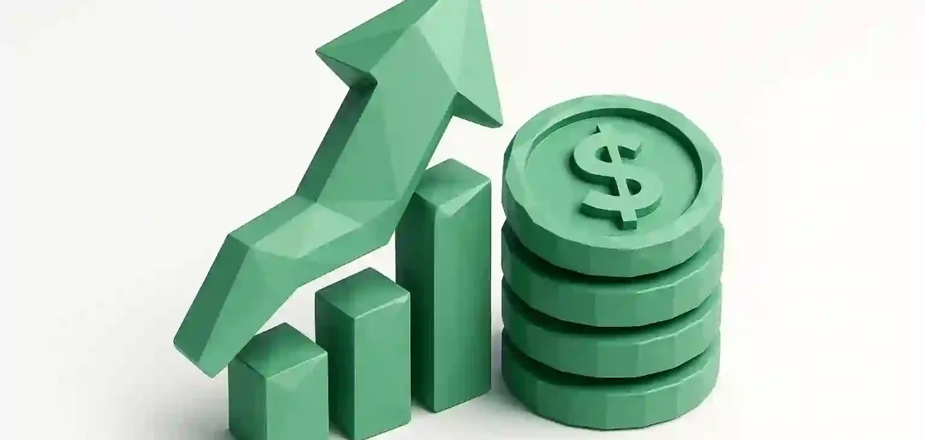High-ROI Automation Roadmap — Upward Arrow and Coins Green 3D bar chart with upward arrow and stacked coins symbolizing business growth, higher ROI and automation efficiency for a roadmap
