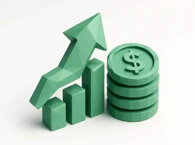 Green 3D bar chart with upward arrow and stacked coins symbolizing business growth, higher ROI and automation efficiency for a roadmap