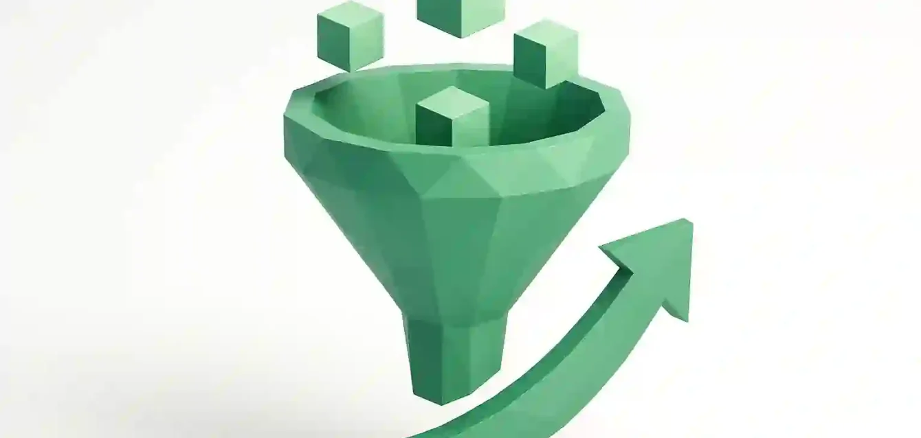 Potansiyel Müşteri Oluşturmayı Otomatikleştirin 2026 - Veri Küpleri ve Büyüme Oku ile 3D Huni Yüzen veri küpleri ve 2026'da otomatik müşteri adayı oluşturma ve dönüşüm büyümesini simgeleyen yukarı doğru bir ok içeren yeşil 3D pazarlama hunisi