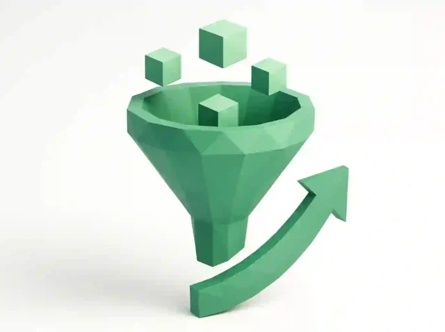 Yüzen veri küpleri ve 2026'da otomatik müşteri adayı oluşturma ve dönüşüm büyümesini simgeleyen yukarı doğru bir ok içeren yeşil 3D pazarlama hunisi