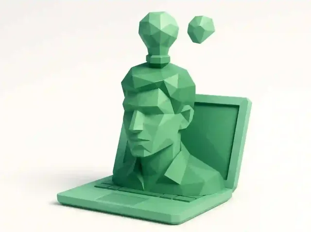 Low-poly 3D human head emerging from a laptop with a lightbulb idea above it, symbolizing building your own AI in a step-by-step guide