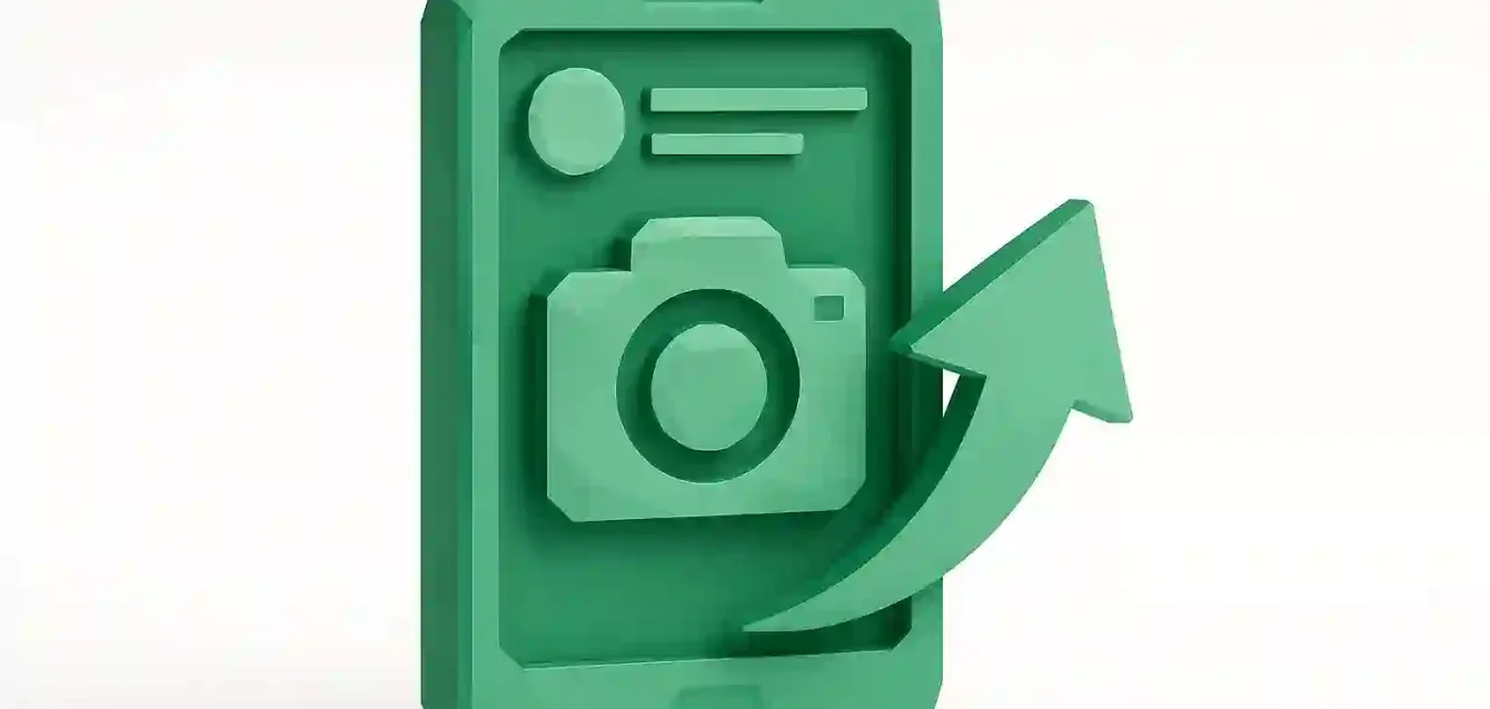 Automate Instagram Stories Posting in Make.com — Upload Icon 3D green smartphone with camera icon and upward arrow symbolizing automated Instagram Stories upload using Make.com