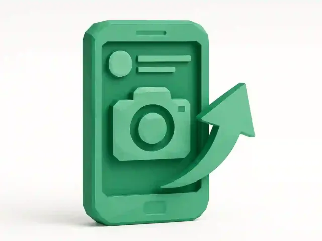 3D green smartphone with camera icon and upward arrow symbolizing automated Instagram Stories upload using Make.com