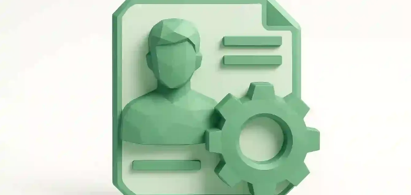 HR Automation Software Icon — Employee Profile with Gear for Efficient HR Management 3D green icon of an employee profile card with a gear symbol, representing HR automation software for employee management, workflow automation, and improved efficiency.
