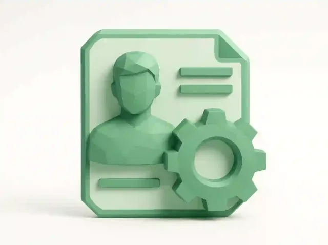 Çalışan yönetimi, iş akışı otomasyonu ve gelişmiş verimlilik için İK otomasyon yazılımını temsil eden, dişli simgeli bir çalışan profil kartının 3D yeşil simgesi.