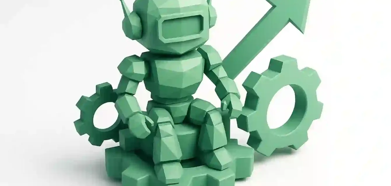 Hyper-Automation Software Concept — Robot on Gears with Upward Arrow Green 3D robot sitting on gears with an upward arrow, representing hyper-automation software boosting efficiency, productivity, and cost savings.