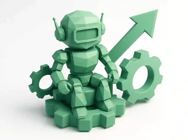 Yukarı oklu dişliler üzerinde oturan yeşil 3D robot; verimliliği, üretkenliği ve maliyet tasarrufunu artıran hiper-otomasyon yazılımını temsil ediyor.