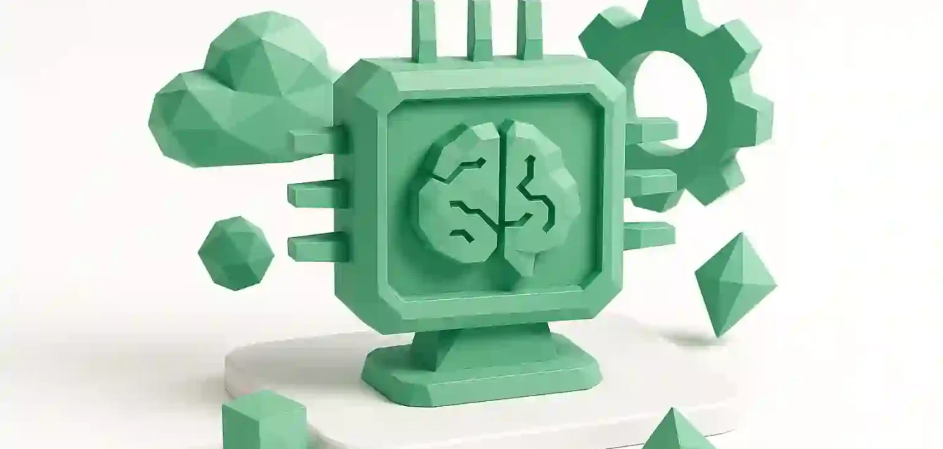 İşletmemde Yapay Zekayı Nasıl Uygulayabilirim (2026 Kılavuzu) - Yapay zeka çipi ve otomasyon illüstrasyonu İş dünyası için yapay zeka, bulut entegrasyonu ve otomasyonu temsil eden beyin simgesi, bulut ve dişli sembolleri ile bir bilgisayar çipinin 3D nane yeşili illüstrasyonu