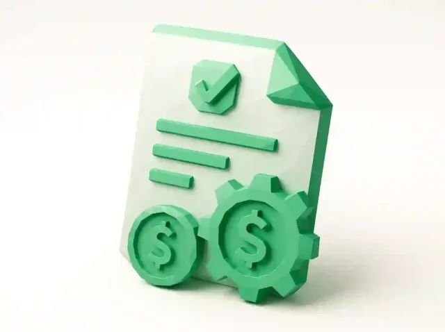 3D green icon of an invoice with dollar coins and a gear, representing invoice automation software to cut costs and boost efficiency