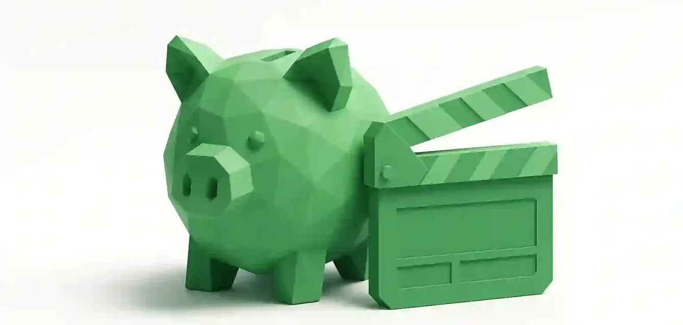 Json2Video Alternatives – Cost-Effective Video Automation Tools for 2025 Green low-poly piggy bank beside a film clapperboard representing cost-saving video automation and Json2Video alternatives for 2025