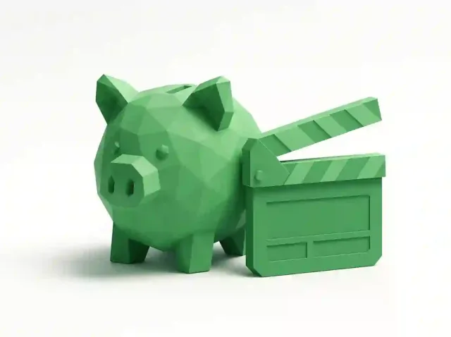 Green low-poly piggy bank beside a film clapperboard representing cost-saving video automation and Json2Video alternatives for 2025
