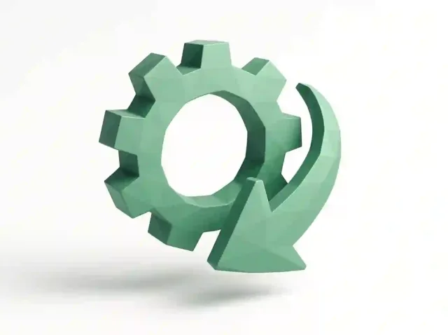 3D mint-green gear with a curved arrow symbolizing automated workflows and integration for Make.com enterprise automation service