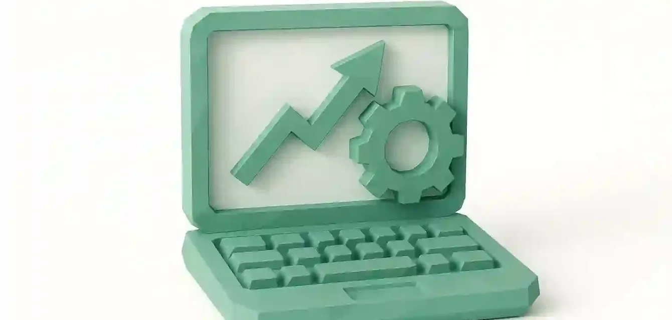 İK, Müşteriler ve Operasyonlar için İşe Alım Otomasyonu - 3D Dizüstü Bilgisayar Büyümesi ve Dişli Simgesi İK, müşteriler ve operasyonlar için işe alım otomasyonu ve iş akışı iyileştirmelerini simgeleyen, yukarı doğru büyüme oku ve dişli çarklı 3B deniz mavisi dizüstü bilgisayar simgesi