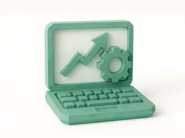 3D teal laptop icon with an upward growth arrow and gear, symbolizing onboarding automation and workflow improvements for HR, clients, and operations