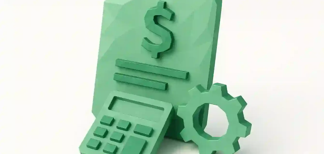 Payroll Automation System Icons — Calculator, Document & Gear for Efficiency and Accuracy Green 3D icons of a payroll document with a dollar sign, calculator and gear representing a payroll automation system for improved efficiency and accuracy