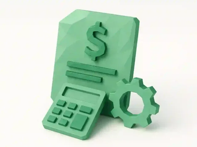 Dolar işareti, hesap makinesi ve gelişmiş verimlilik ve doğruluk için bir bordro otomasyon sistemini temsil eden dişli içeren bir bordro belgesinin yeşil 3D simgeleri