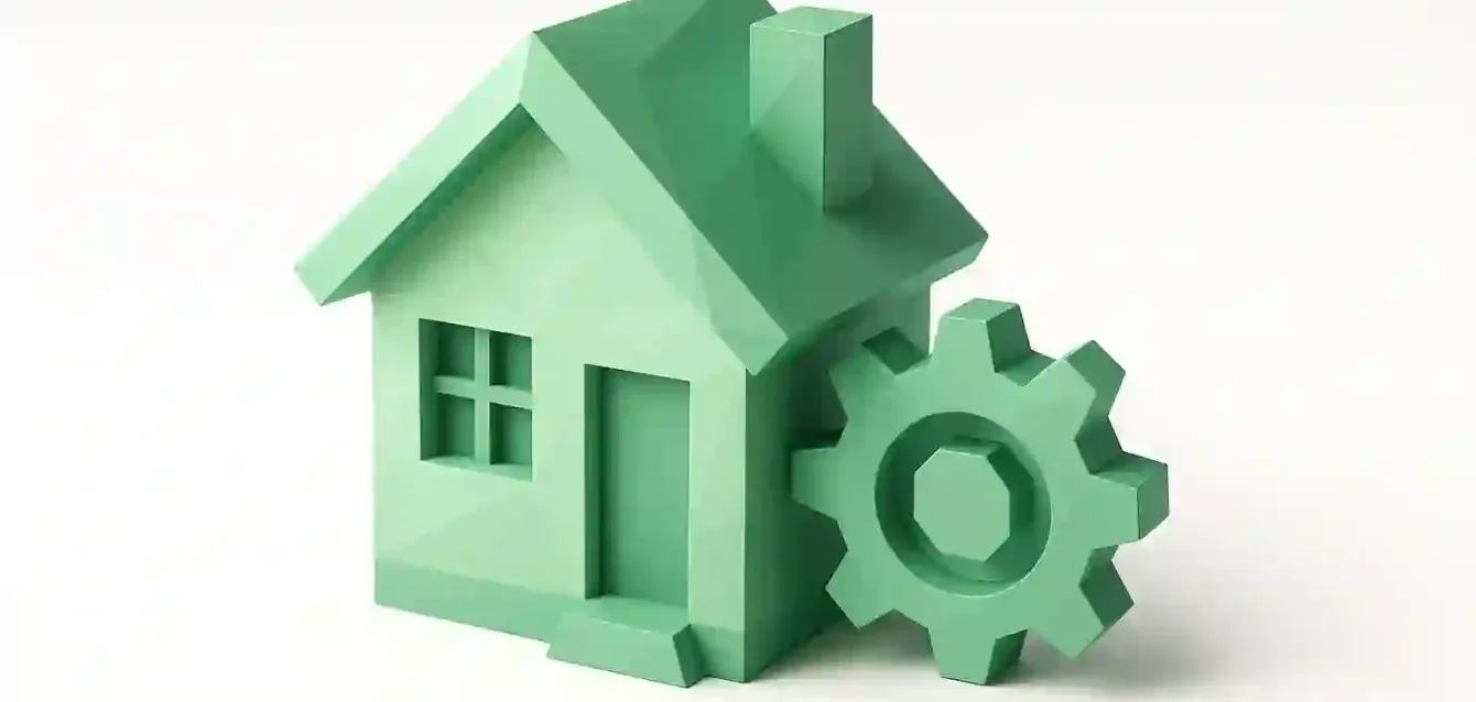 Real Estate Automation Software — House & Gear Icon for Streamlined Workflow Green 3D house icon with a gear cog symbolizing real estate automation software and streamlined property management workflow