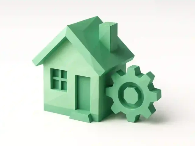 Emlak otomasyon yazılımını ve kolaylaştırılmış mülk yönetimi iş akışını simgeleyen dişli çarklı yeşil 3D ev simgesi