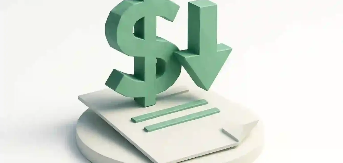 Reduce Overhead Costs with AI — 2025 Guide Icon (Downward Dollar) 3D green dollar sign with a downward arrow on a document, symbolizing AI-driven overhead cost reduction for businesses