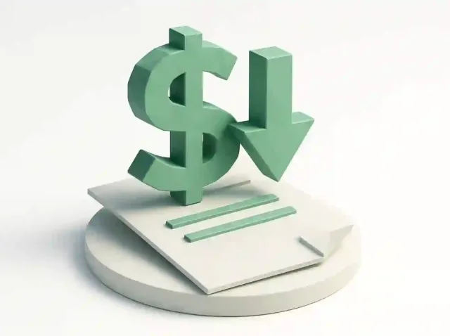 3D green dollar sign with a downward arrow on a document, symbolizing AI-driven overhead cost reduction for businesses