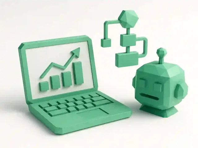 3D green illustration of a laptop with an upward sales chart, connected workflow blocks and a chatbot head representing AI sales automation for agencies