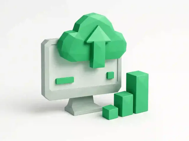 3D illustration of a cloud upload icon above a desktop and rising bar chart, representing Salesforce automation and small business CRM growth (2025 guide)