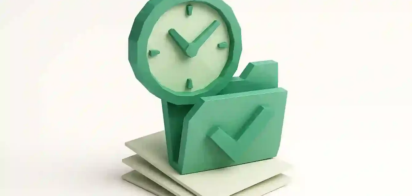 3D Clock & Checked Folder — Automation Tips to Save Time on Administrative Tasks 3D green clock and file folder with checkmark on stacked documents symbolizing automation and time-saving for administrative tasks