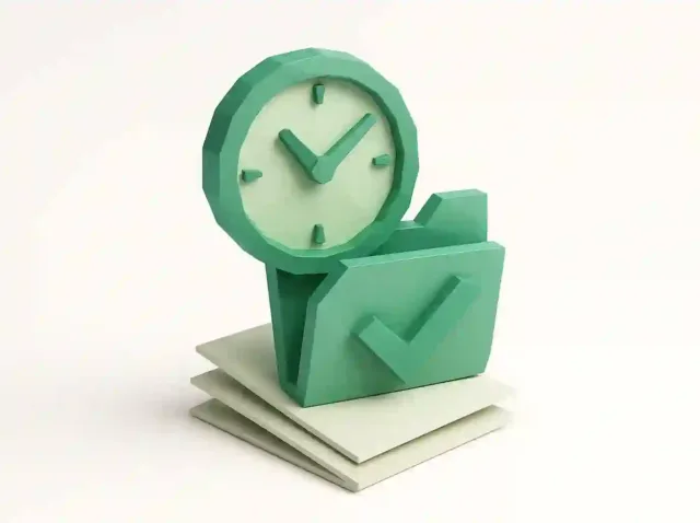 3D green clock and file folder with checkmark on stacked documents symbolizing automation and time-saving for administrative tasks