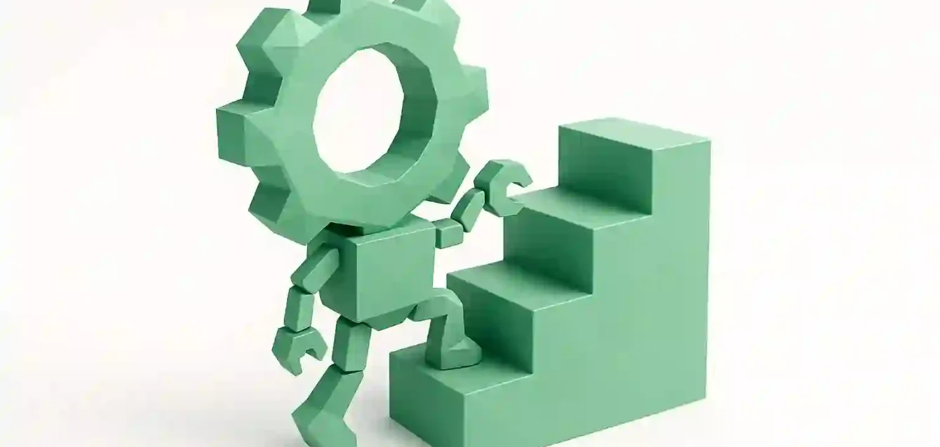 2026'da Otomasyon ile İşinizi Ölçeklendirin 2026'da otomasyon ve büyüme stratejileri yoluyla bir işletmenin ölçeklendirilmesini simgeleyen, merdiven çıkan 3D yeşil dişli başlı robot