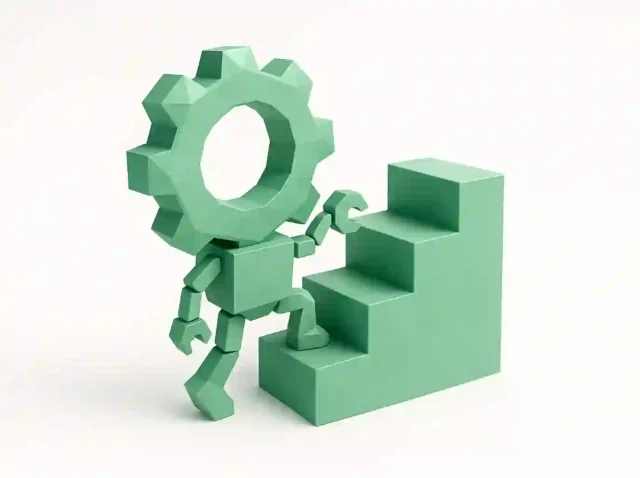 2026'da otomasyon ve büyüme stratejileri yoluyla bir işletmenin ölçeklendirilmesini simgeleyen, merdiven çıkan 3D yeşil dişli başlı robot