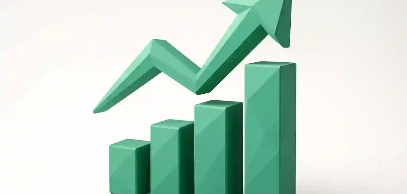 AI-Driven Growth Chart for Scaling Small Businesses 3D green ascending bar chart with an upward arrow symbolizing AI-driven growth, analytics, and scaling strategies for small businesses