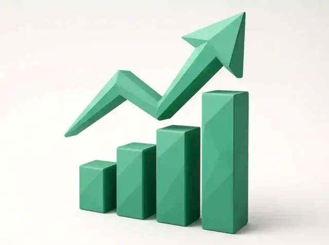 3D green ascending bar chart with an upward arrow symbolizing AI-driven growth, analytics, and scaling strategies for small businesses