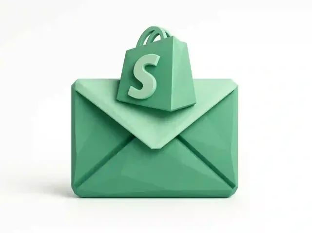 Shopify e-posta pazarlama otomasyonunu ve otomatik e-posta kampanyalarını simgeleyen Shopify alışveriş çantası simgeli yeşil zarf
