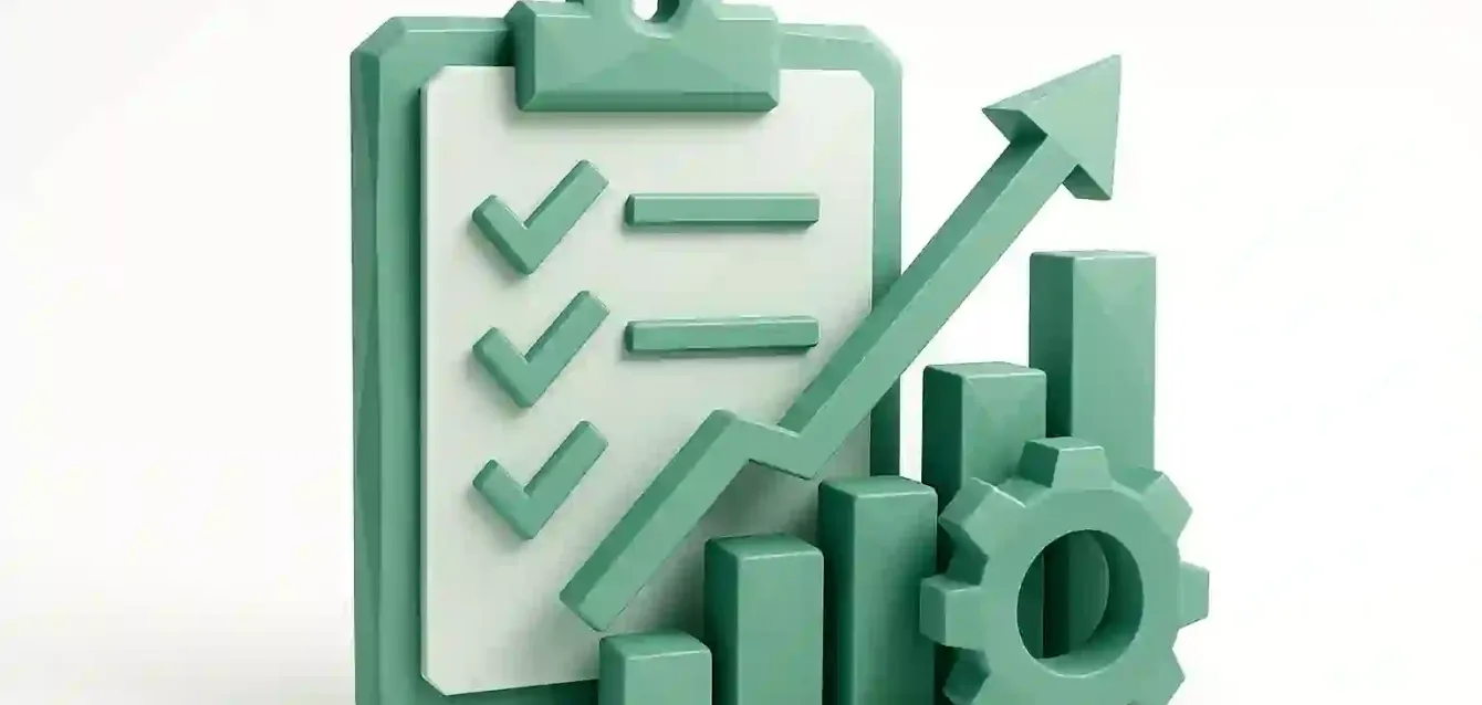 Small Business Efficiency Consultant - Save Time & Money 3D illustration of a clipboard checklist, rising bar chart, arrow and gear symbolizing small business efficiency consulting to save time and money