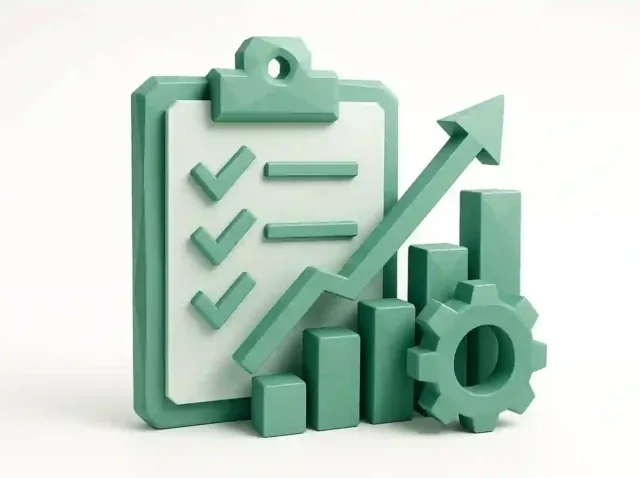 3D illustration of a clipboard checklist, rising bar chart, arrow and gear symbolizing small business efficiency consulting to save time and money